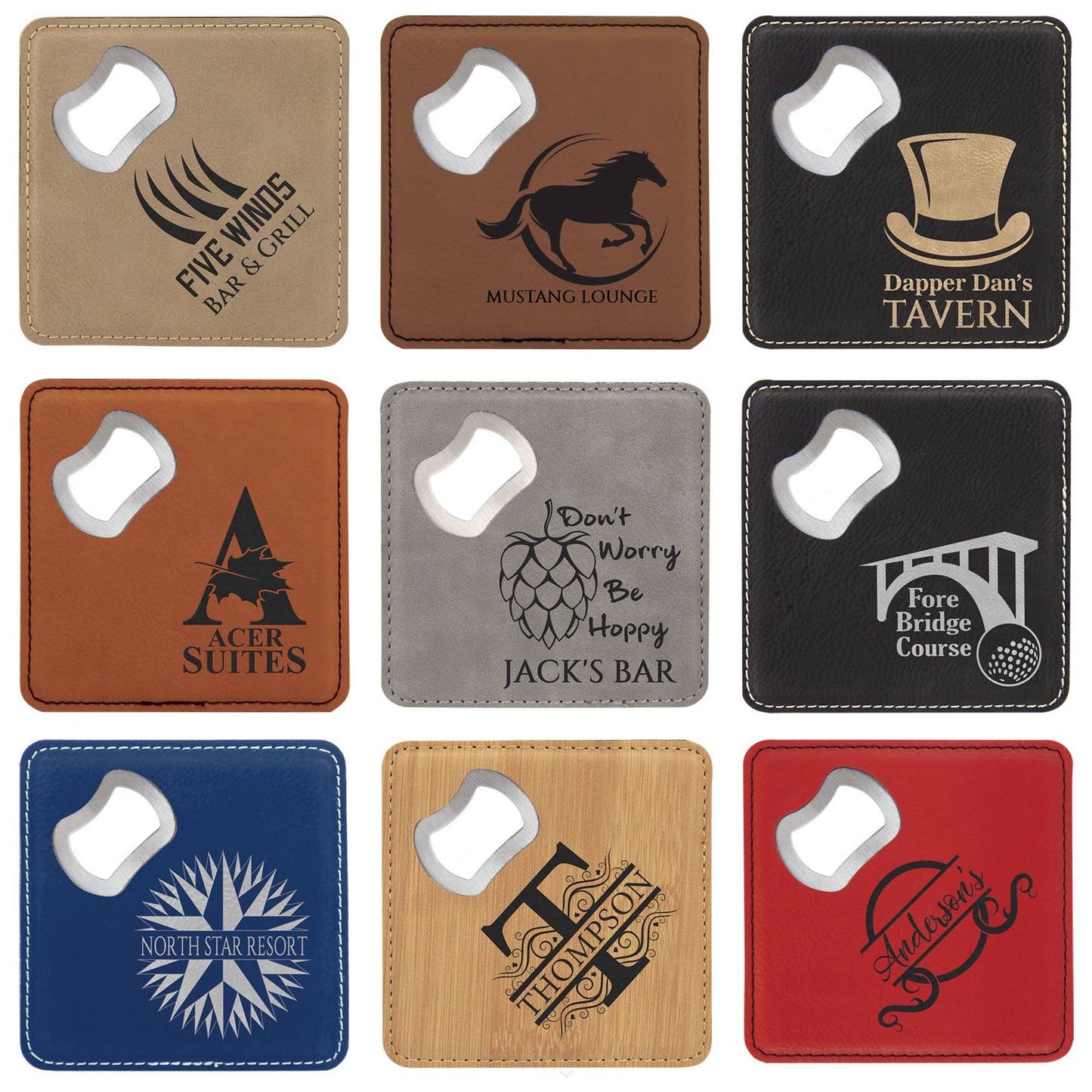Leatherette 4" Square Coasters w-Bottle Opener - Engraved - set of (4)